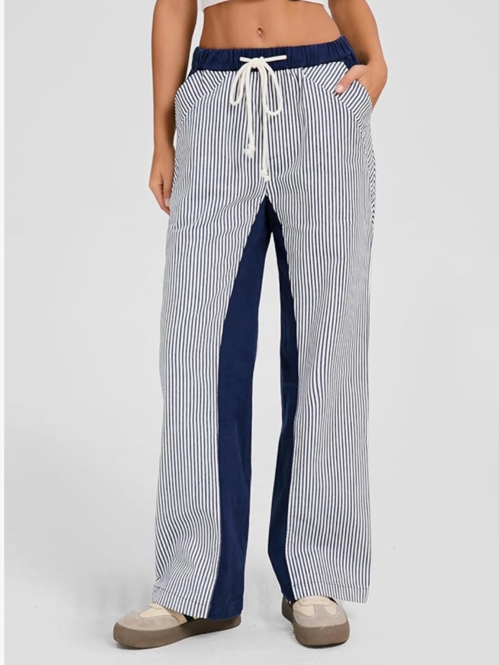 Striped Wide-Leg Drawstring Pants in Navy and White
